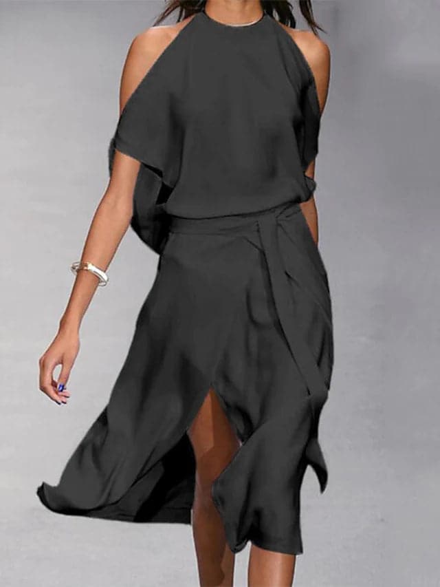 Wrapjurk - Off-shoulder midi-zomerjurk voor dames-Boetiek Moda