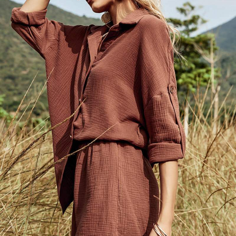 Zomer Co-Ord - Knoopsluiting - Lange mouwen - Set met korte broek en shirt - Set voor dames-Boetiek Moda
