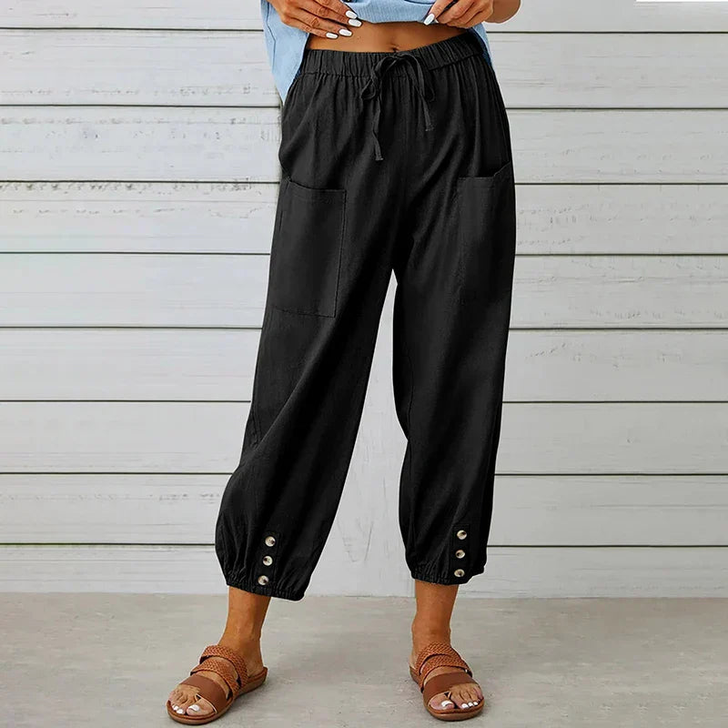 Zomerbroek - Damesbroek met lichtgewicht elastische taille en linnenmix-Boetiek Moda