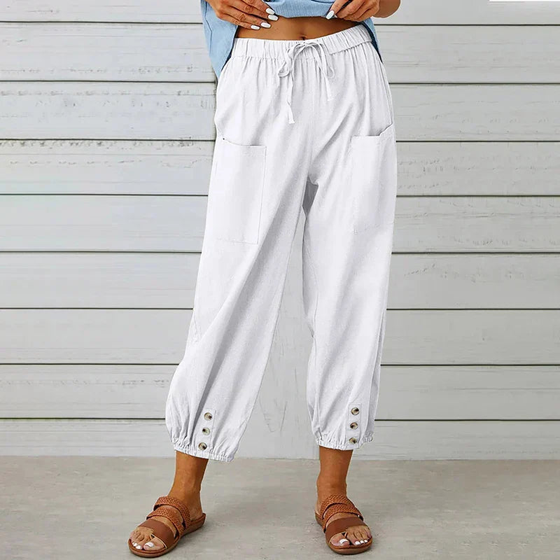 Zomerbroek - Damesbroek met lichtgewicht elastische taille en linnenmix-Boetiek Moda