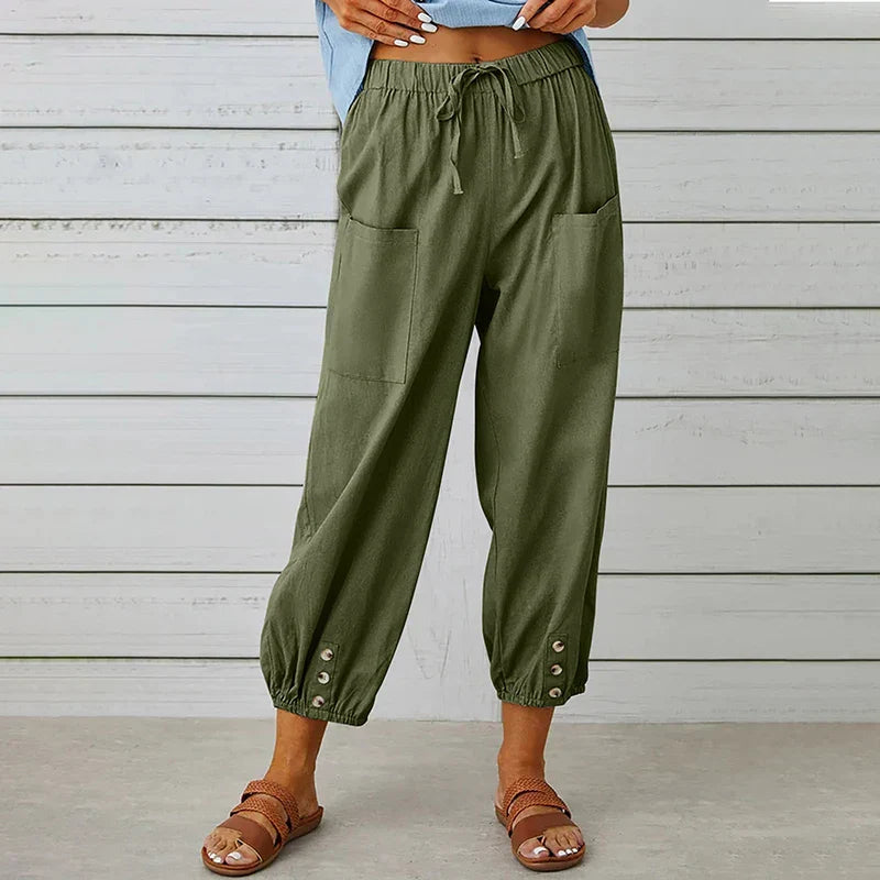 Zomerbroek - Damesbroek met lichtgewicht elastische taille en linnenmix-Boetiek Moda