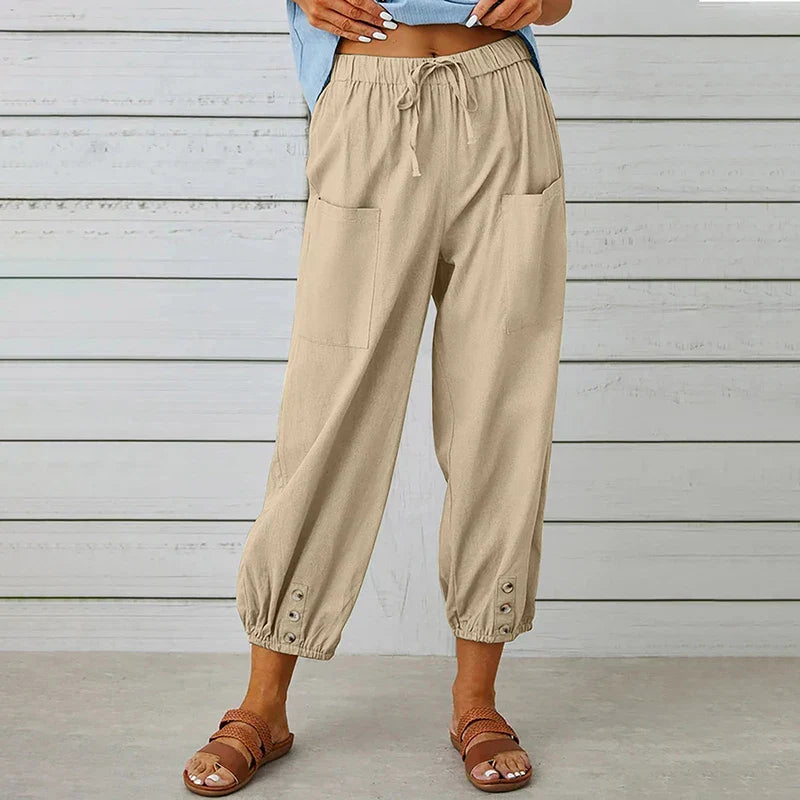 Zomerbroek - Damesbroek met lichtgewicht elastische taille en linnenmix-Boetiek Moda