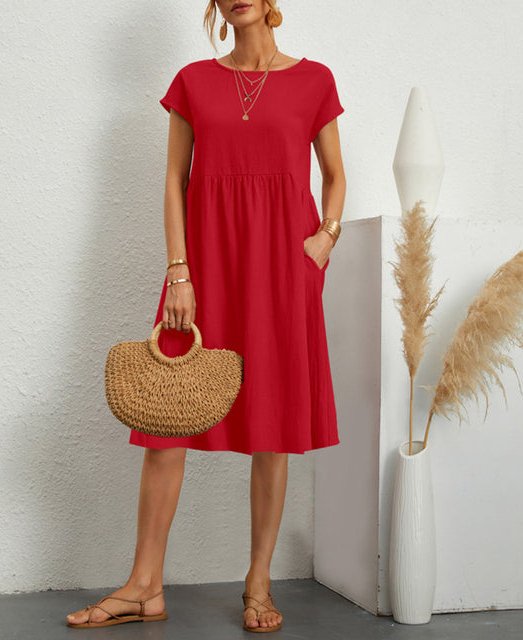 Zomerjurk - Casual midi-jurk met korte mouwen en A-lijn voor dames-Boetiek Moda