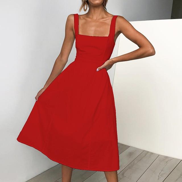 Zomerjurk - Dames mouwloze midi-jurk met vierkante halslijn-Boetiek Moda