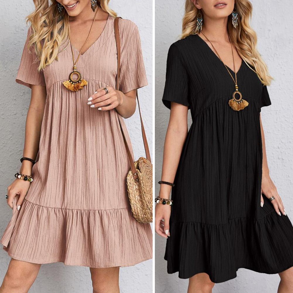 Zomerjurk | Korte Mouw | Los Fit | Geplooide Jurk | Knielengte Jurk-Boetiek Moda