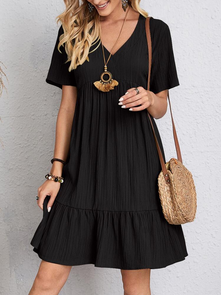 Zomerjurk | Korte Mouw | Los Fit | Geplooide Jurk | Knielengte Jurk-Boetiek Moda