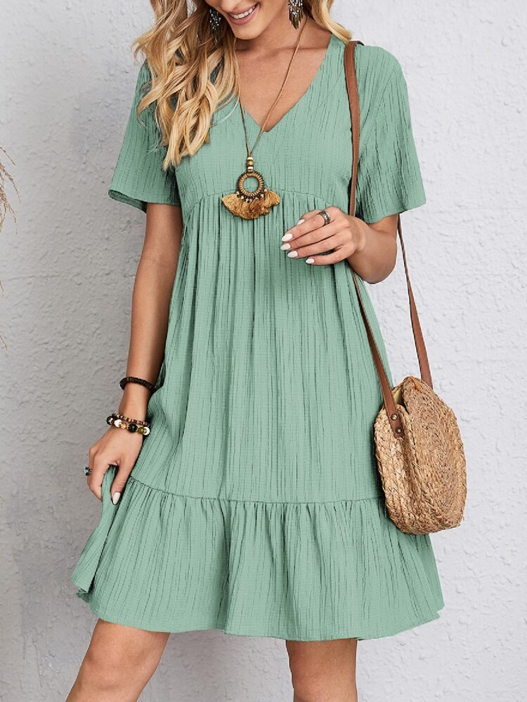 Zomerjurk | Korte Mouw | Los Fit | Geplooide Jurk | Knielengte Jurk-Boetiek Moda