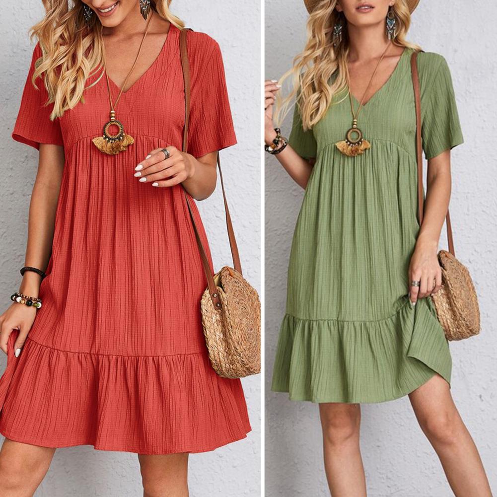 Zomerjurk | Korte Mouw | Los Fit | Geplooide Jurk | Knielengte Jurk-Boetiek Moda
