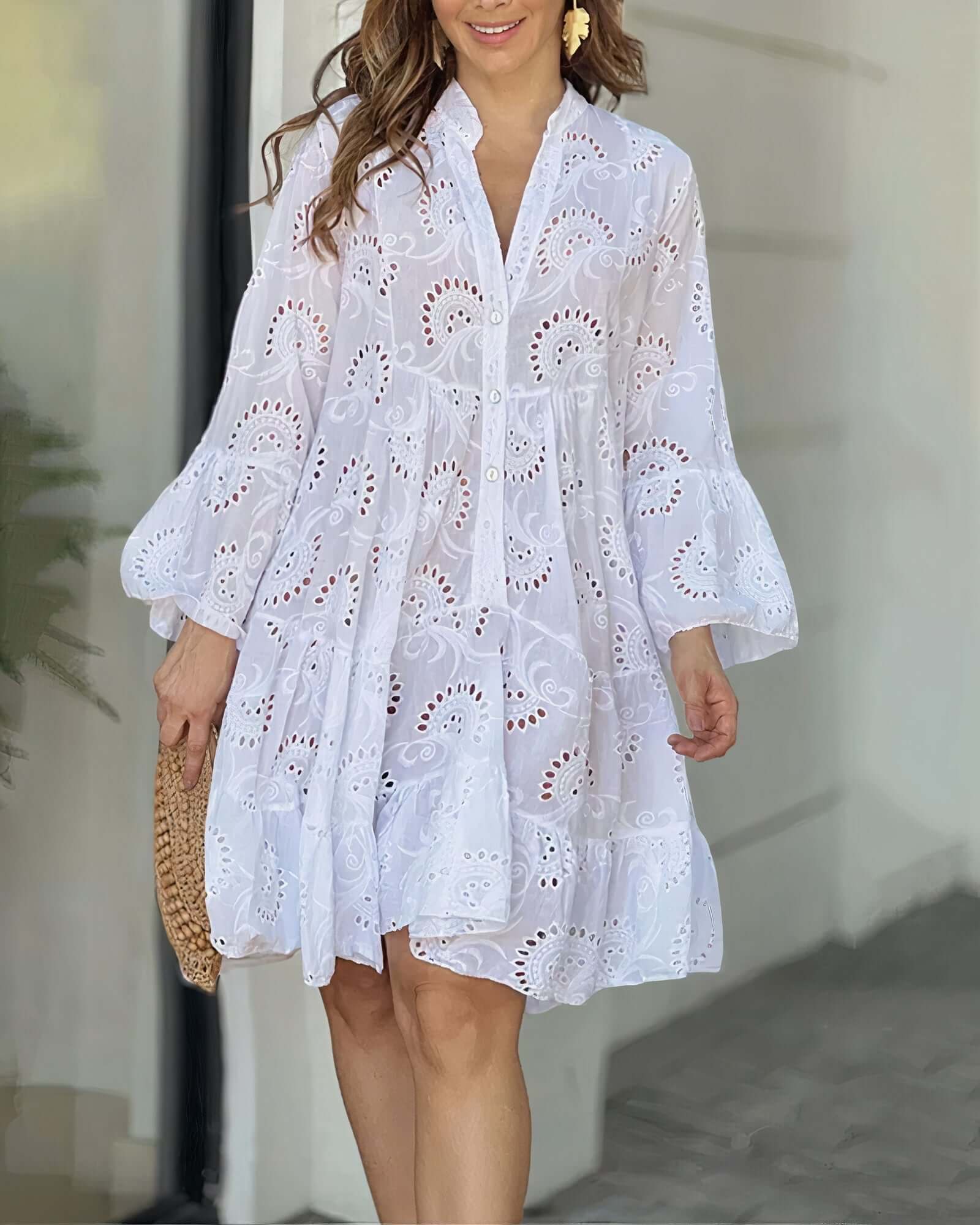 Zomerjurk - Lange mouwen - Knie-lengte - Jurk met gaatjes - Losvallende jurk-Boetiek Moda