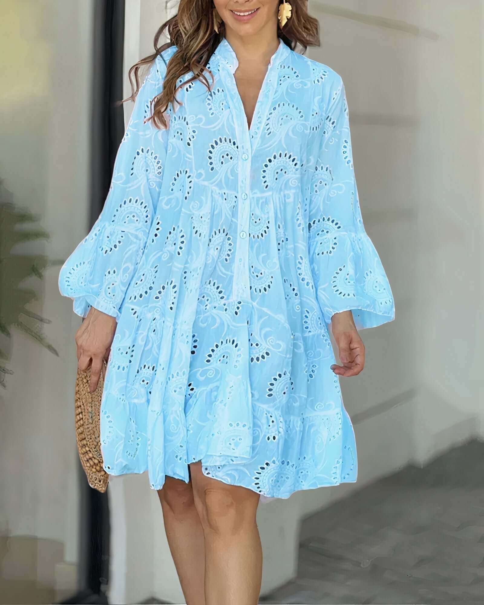 Zomerjurk - Lange mouwen - Knie-lengte - Jurk met gaatjes - Losvallende jurk-Boetiek Moda