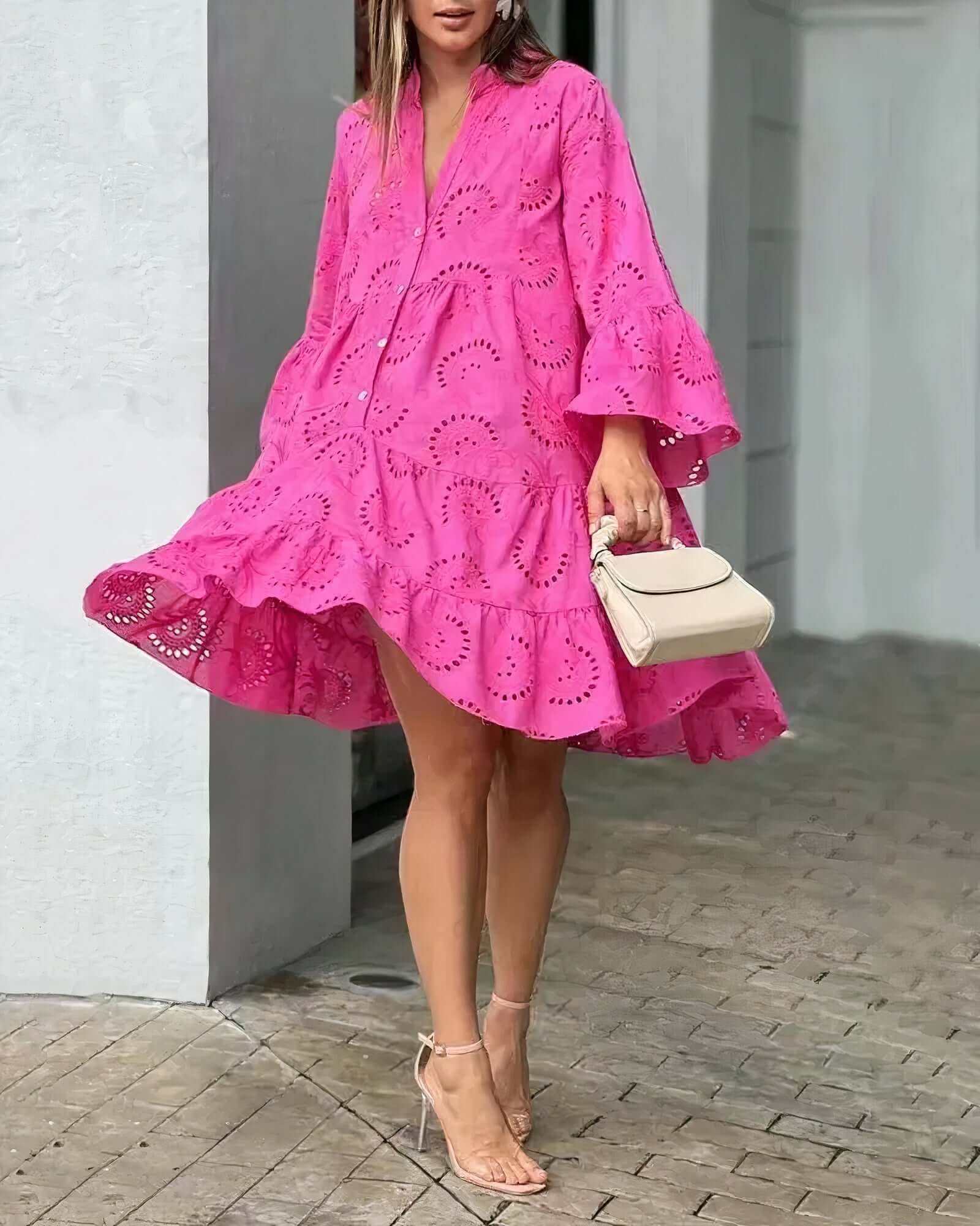 Zomerjurk - Lange mouwen - Knie-lengte - Jurk met gaatjes - Losvallende jurk-Boetiek Moda