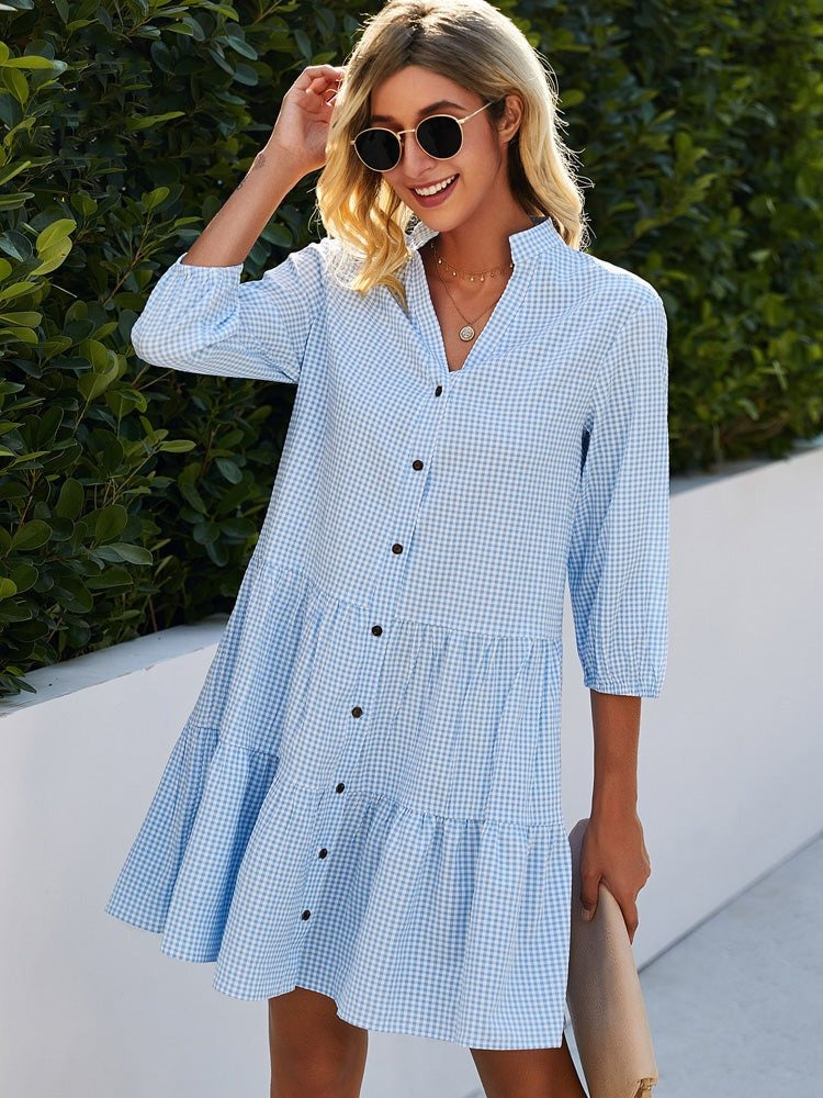 Zomerjurk | Los model | Lichtblauw | Knoopjurk | Overhemdjurk-Boetiek Moda