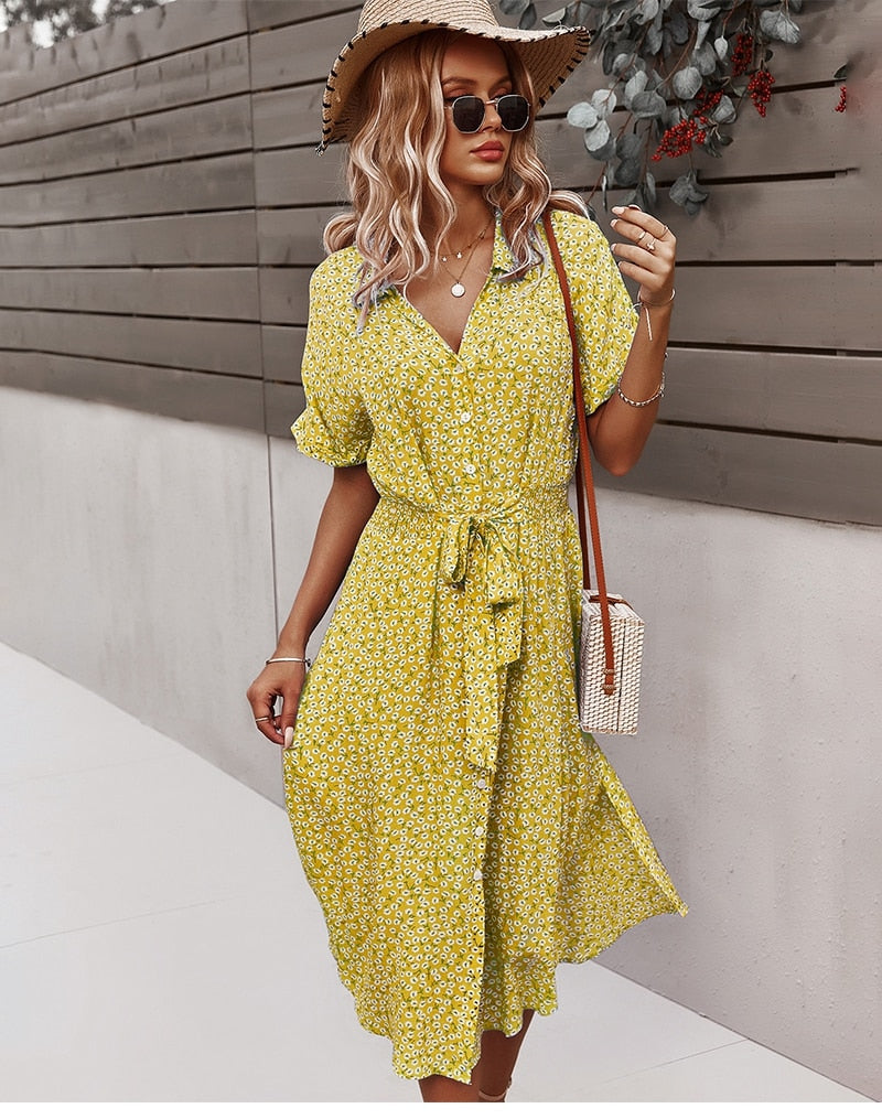Zomerjurk | Tailleband | Korte Mouwen | Jurk met Knoopsluiting | Bloemenjurk-Boetiek Moda