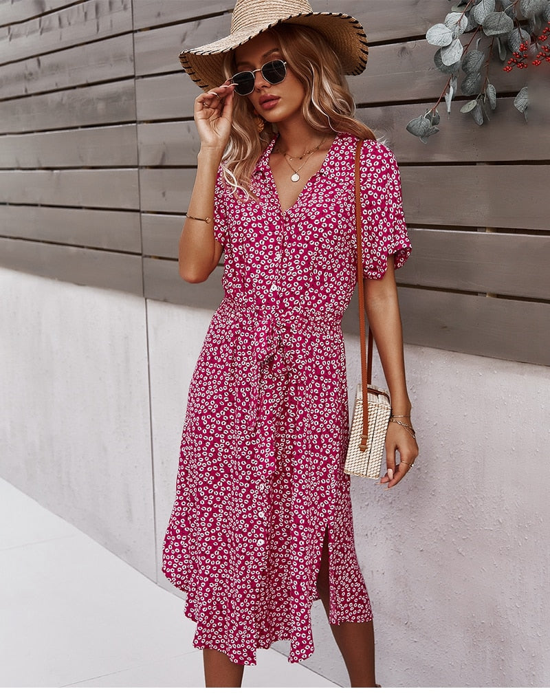 Zomerjurk | Tailleband | Korte Mouwen | Jurk met Knoopsluiting | Bloemenjurk-Boetiek Moda