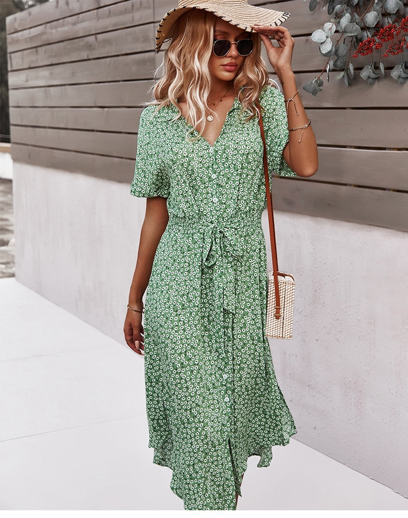 Zomerjurk | Tailleband | Korte Mouwen | Jurk met Knoopsluiting | Bloemenjurk-Boetiek Moda