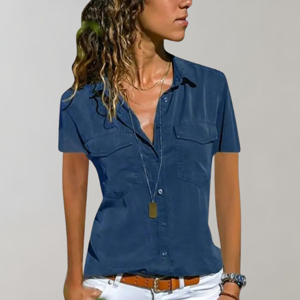 Zomertop | Kraag | Knoopsluiting | Blouse met korte mouwen | Damesoverhemd-Boetiek Moda
