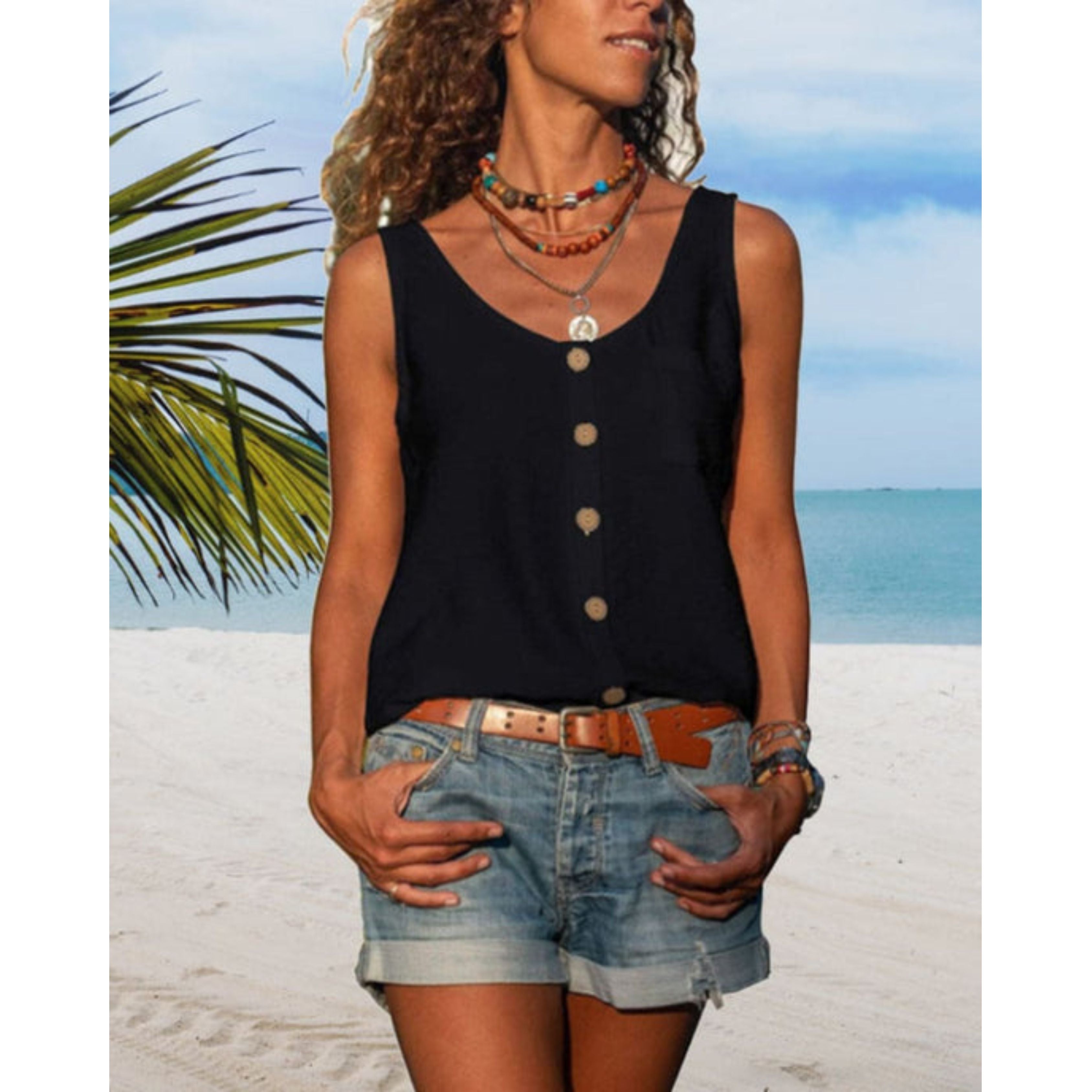 Zomertop | Losse pasvorm | Knoopsluiting aan de voorkant | Mouwloze top | Damestop-Boetiek Moda