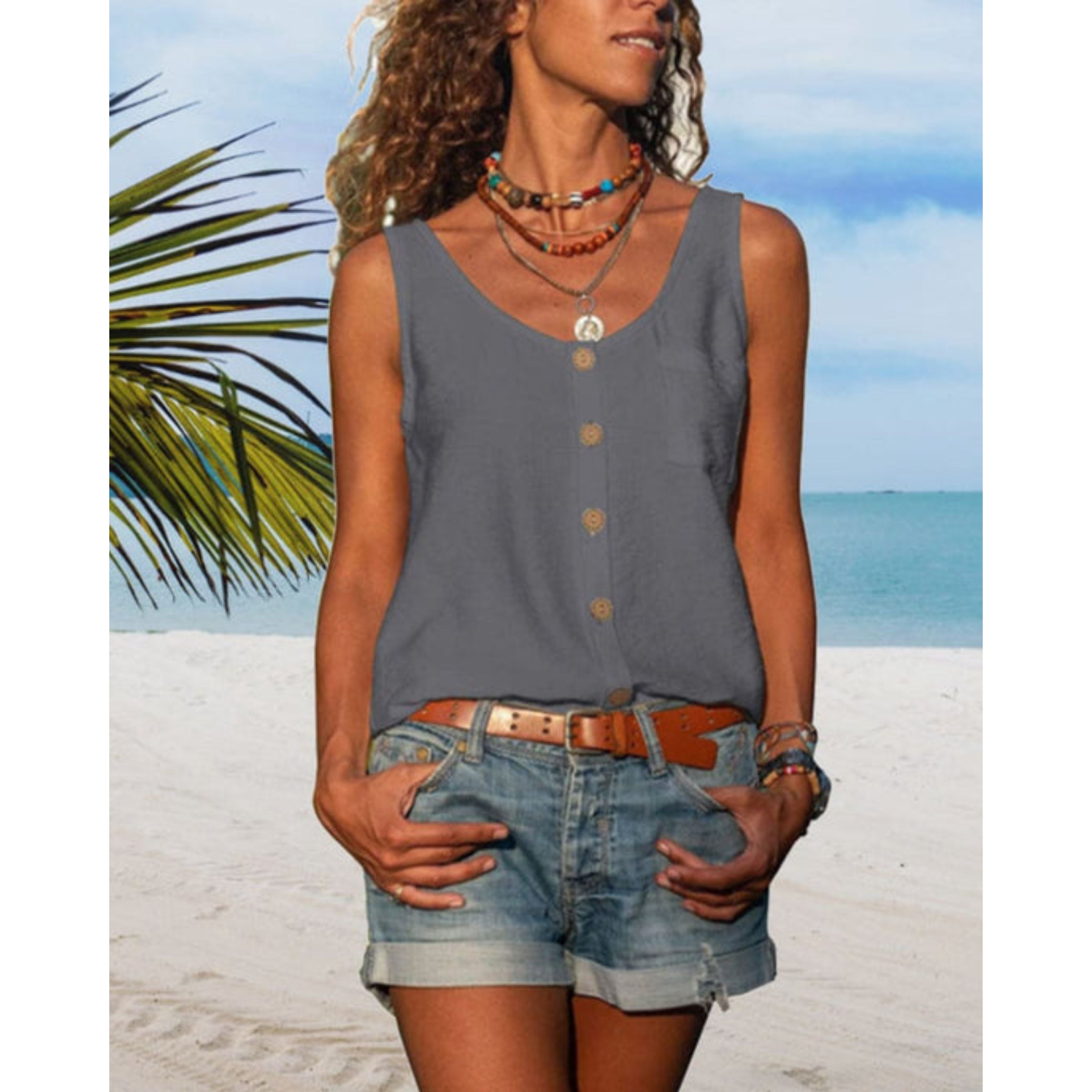 Zomertop | Losse pasvorm | Knoopsluiting aan de voorkant | Mouwloze top | Damestop-Boetiek Moda
