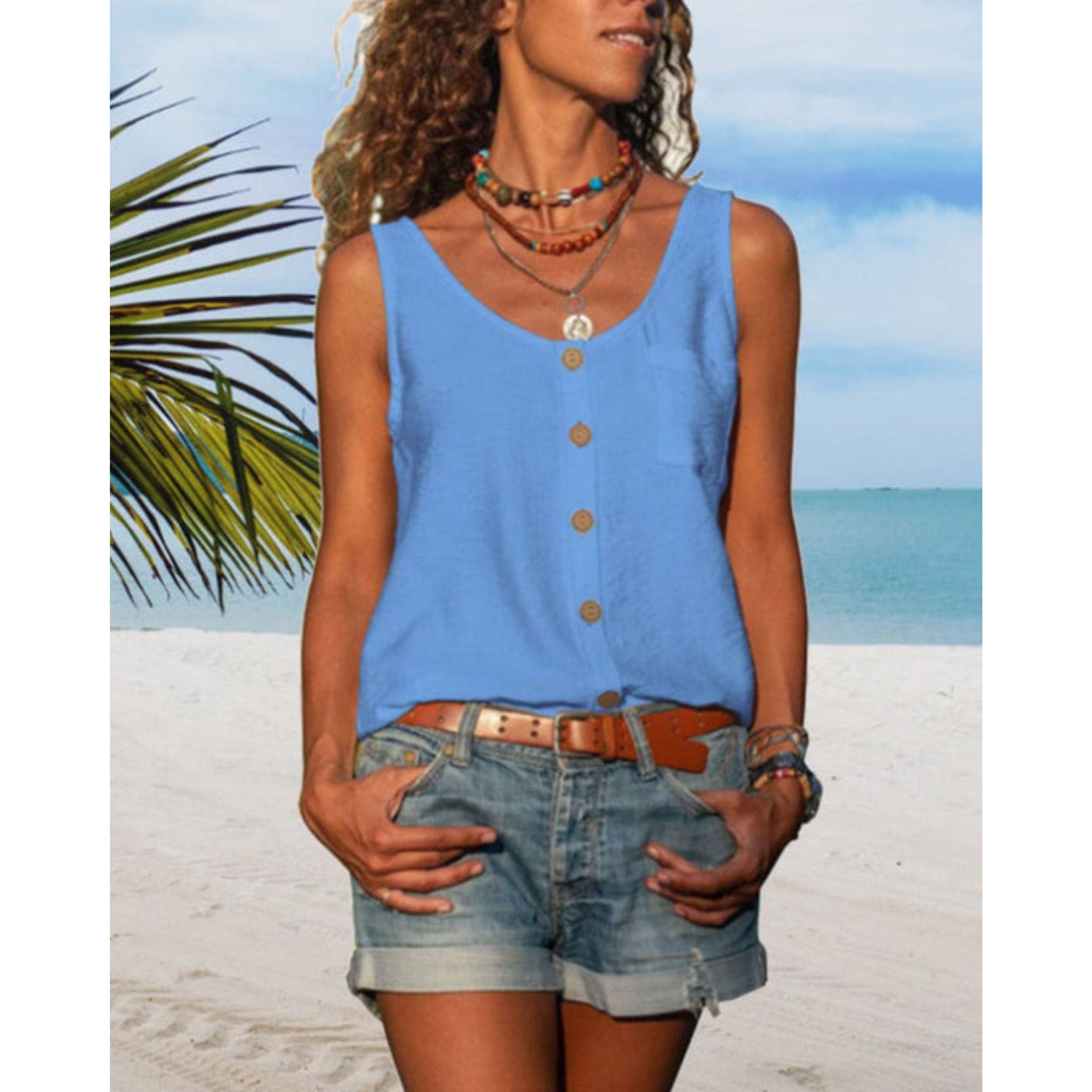 Zomertop | Losse pasvorm | Knoopsluiting aan de voorkant | Mouwloze top | Damestop-Boetiek Moda