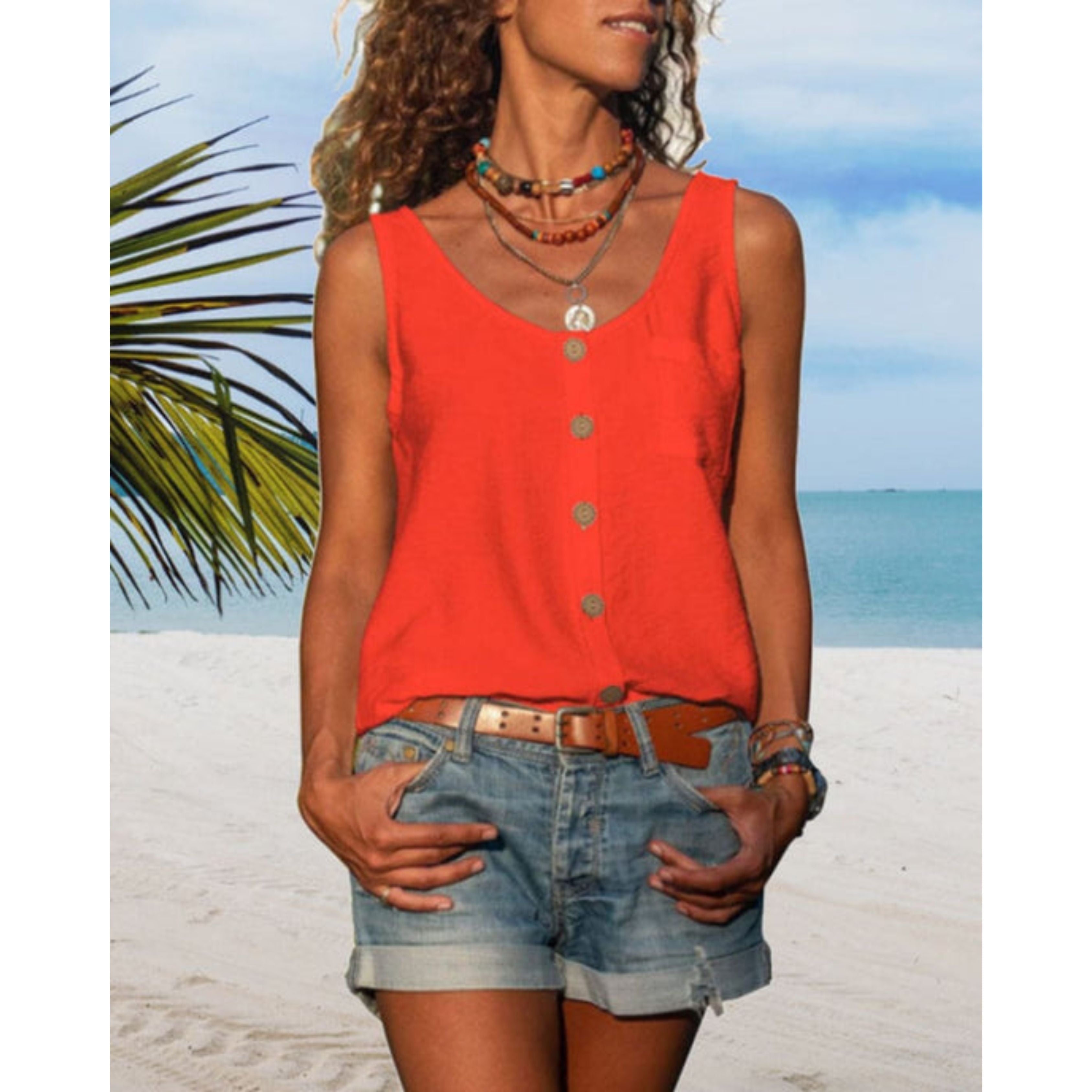 Zomertop | Losse pasvorm | Knoopsluiting aan de voorkant | Mouwloze top | Damestop-Boetiek Moda