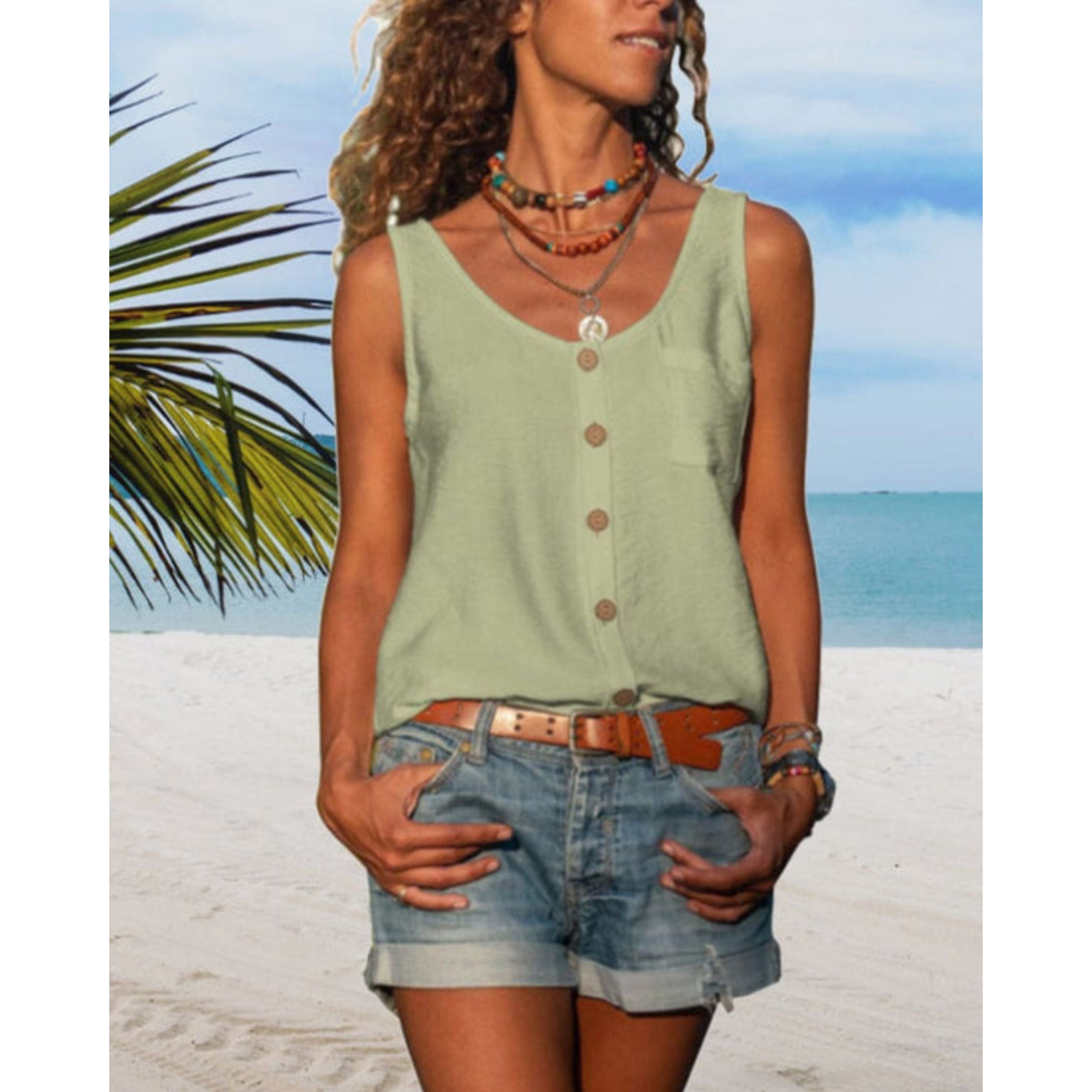 Zomertop | Losse pasvorm | Knoopsluiting aan de voorkant | Mouwloze top | Damestop-Boetiek Moda