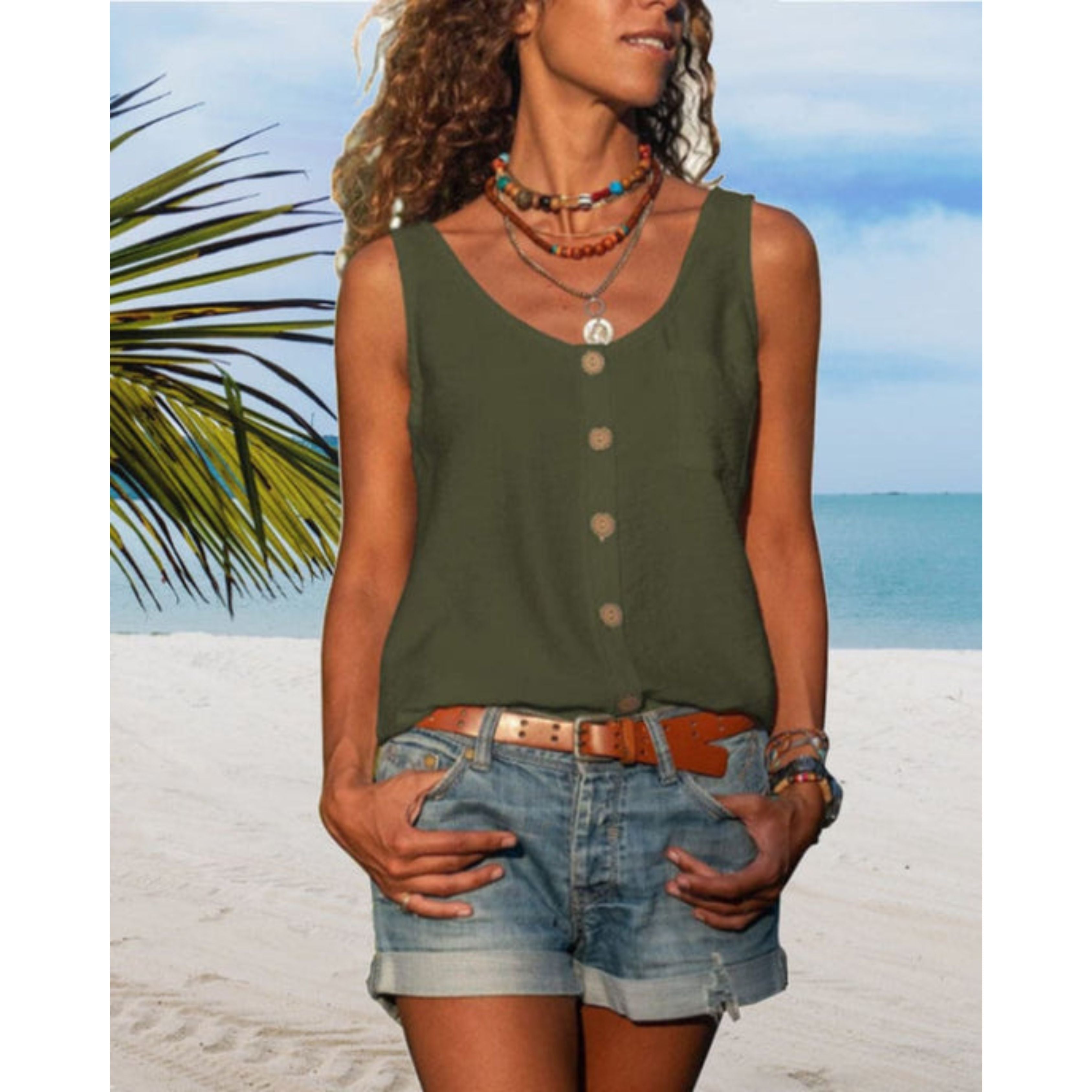 Zomertop | Losse pasvorm | Knoopsluiting aan de voorkant | Mouwloze top | Damestop-Boetiek Moda