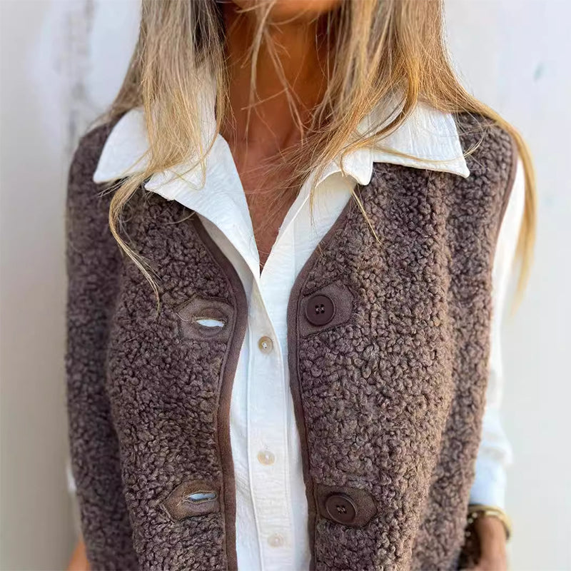 Teddy Gilet - Bruin - Button-Up - Teddy Fleece Vest - Dames Gilet