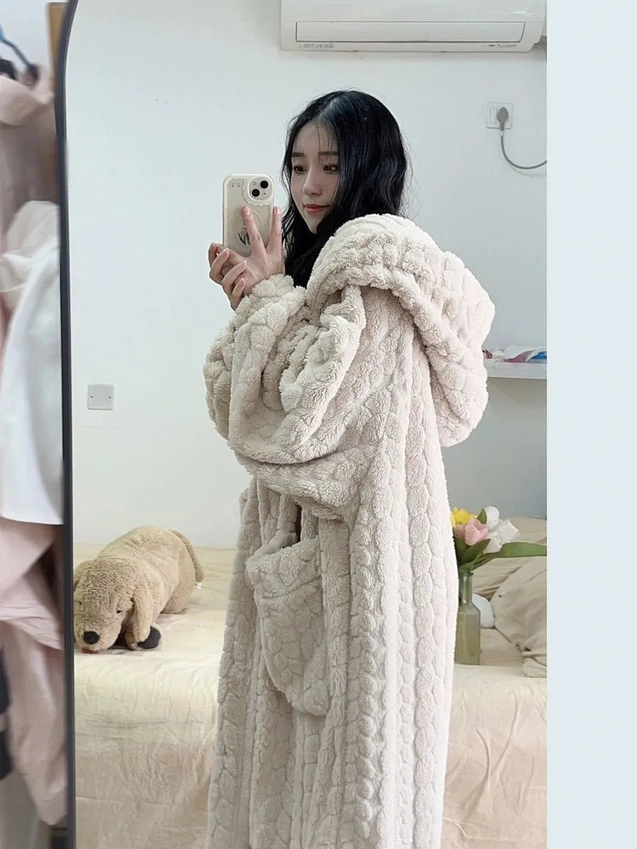 Badjas - Warm - Kap - Fleece ochtendjas - Lange ochtendjas Dames-Boetiek Moda