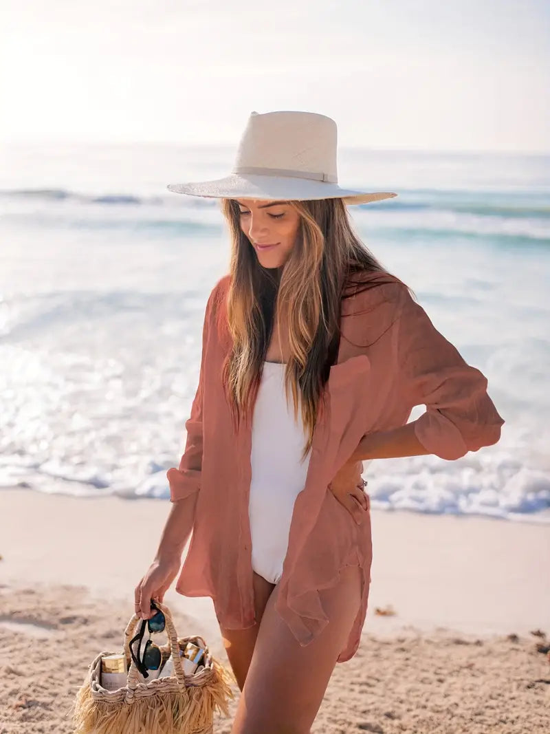 Beach Cover-Up - Half doorschijnend - Lange Mouw - Linnen overhemd - Bikini gewaad-Boetiek Moda