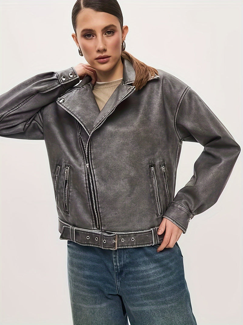 Bikerjas - Damesjas van oversized leer met riem-Boetiek Moda