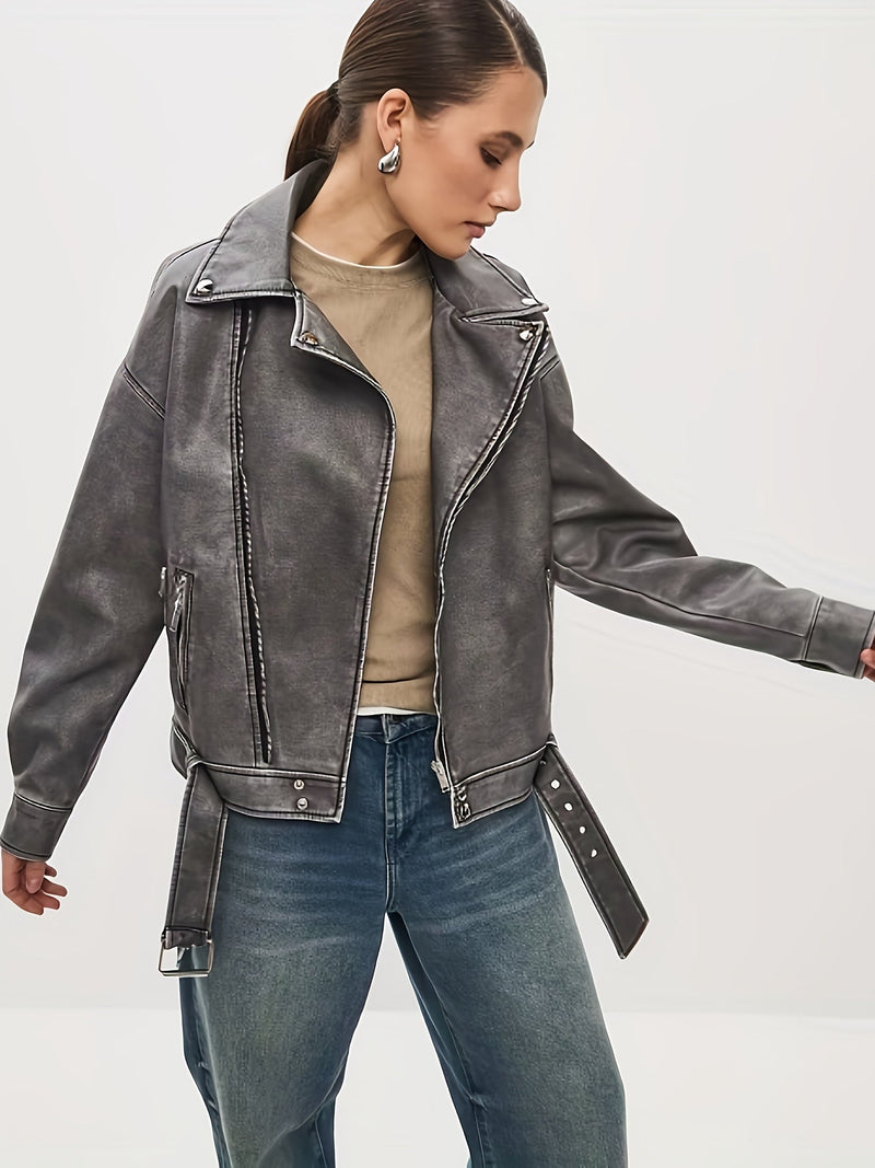 Bikerjas - Damesjas van oversized leer met riem-Boetiek Moda