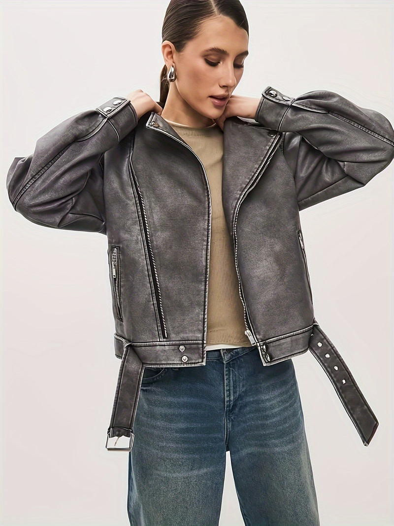 Bikerjas - Damesjas van oversized leer met riem-Boetiek Moda