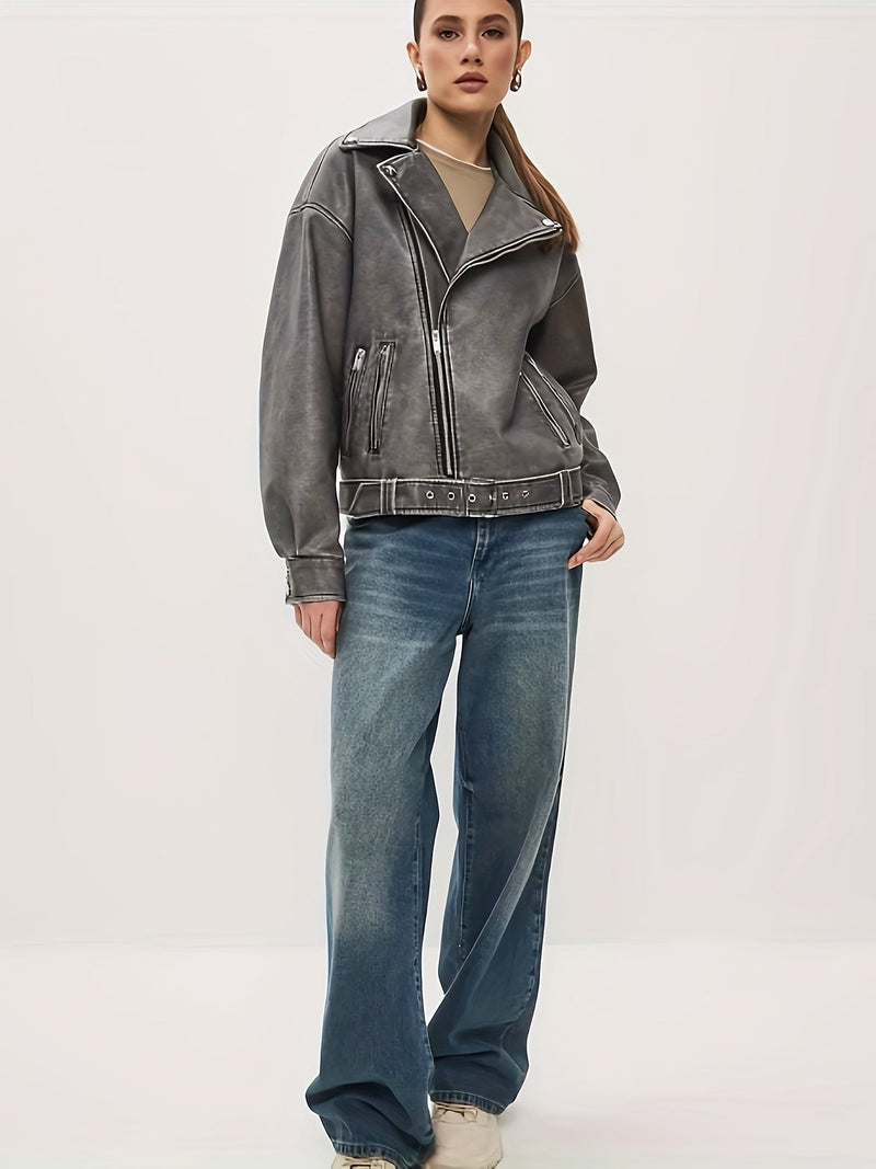 Bikerjas - Damesjas van oversized leer met riem-Boetiek Moda