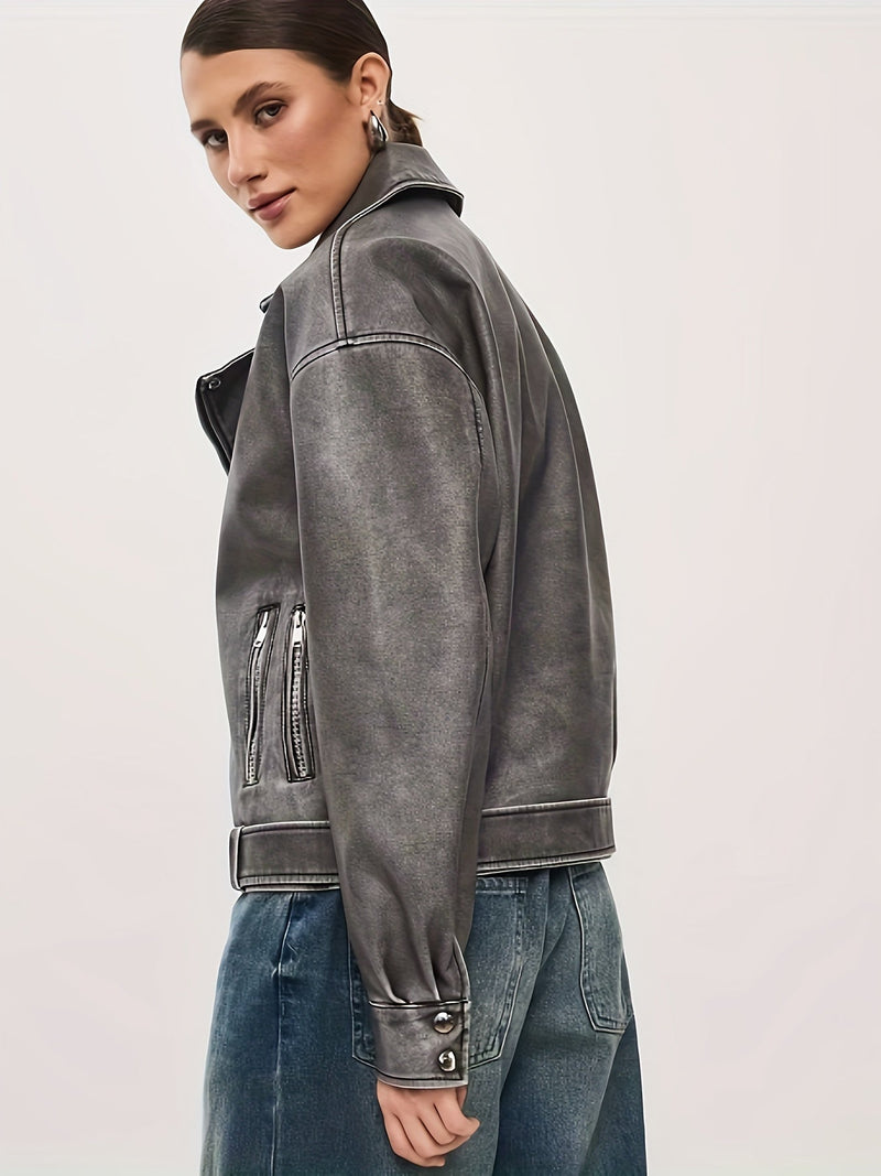 Bikerjas - Damesjas van oversized leer met riem-Boetiek Moda