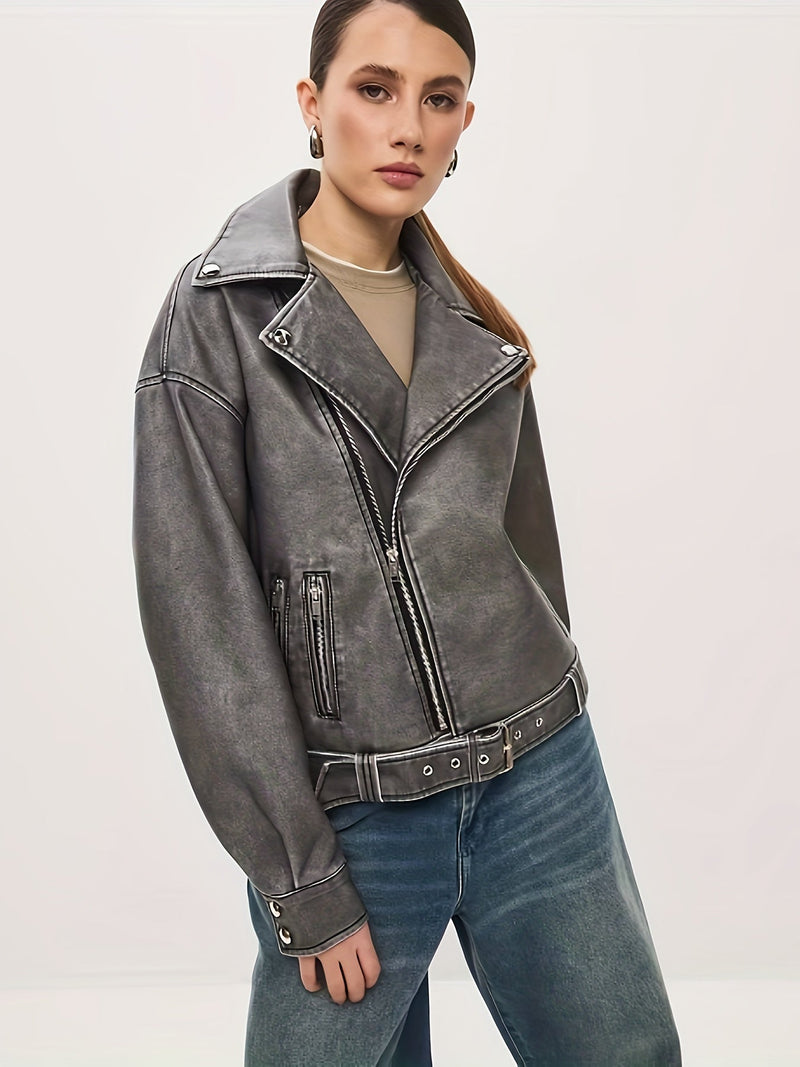 Bikerjas - Damesjas van oversized leer met riem-Boetiek Moda