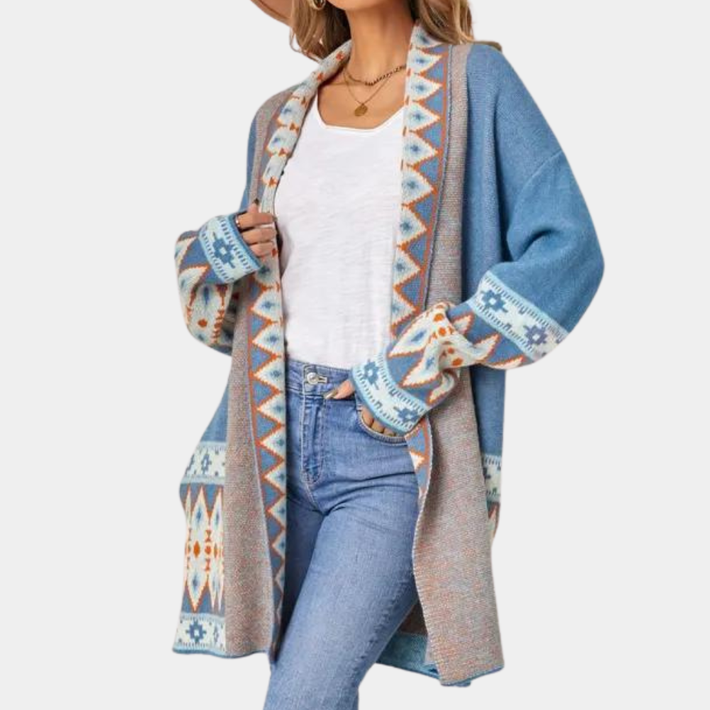 Blauw vest - Boho - Open voorkant - Lang vest - Damesbreigoed-Boetiek Moda