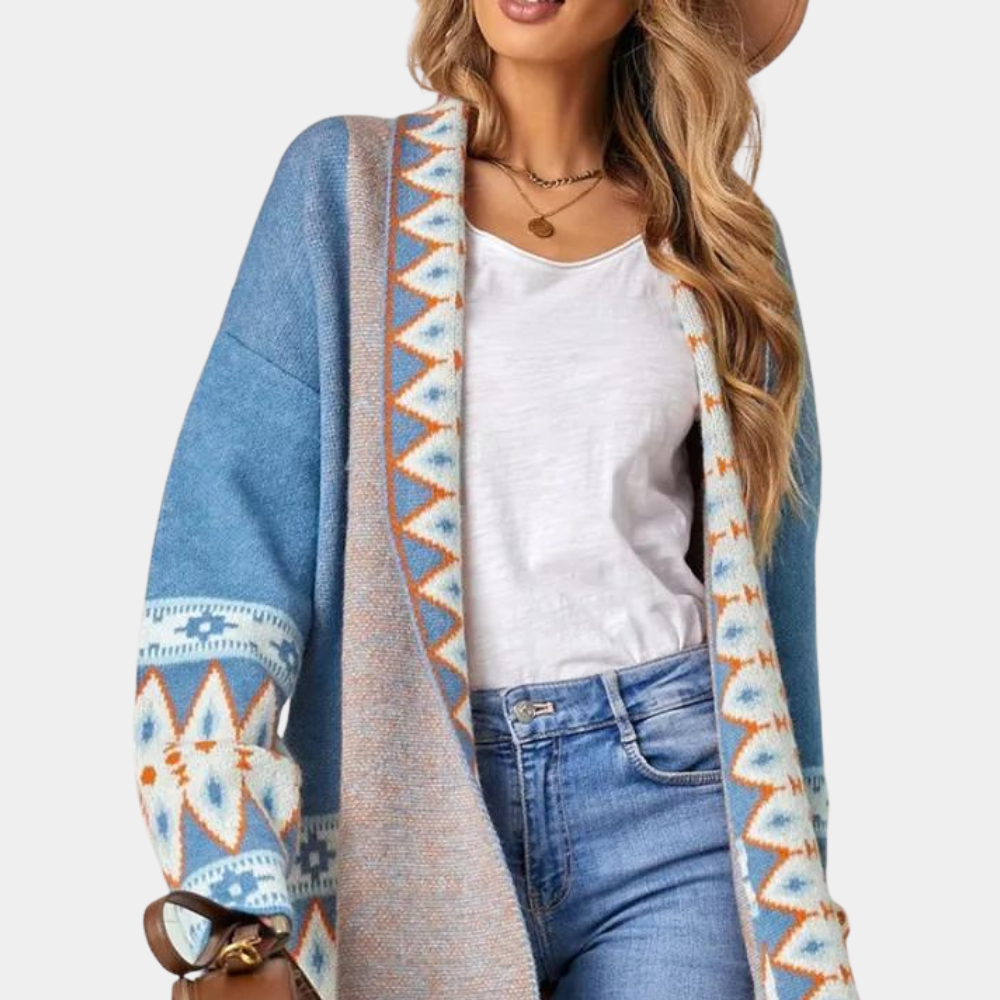 Blauw vest - Boho - Open voorkant - Lang vest - Damesbreigoed-Boetiek Moda