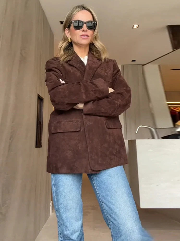Blazerjasje - Bruin suède reversjasje voor dames voor de herfst-Boetiek Moda