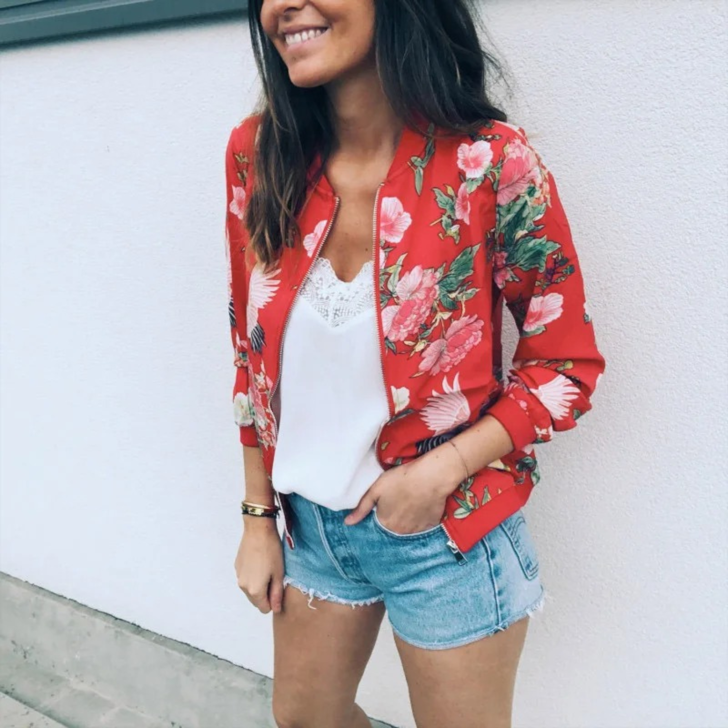 Bloemen bomberjack - Zomerjas met bloemenprint en rits voor dames-Boetiek Moda