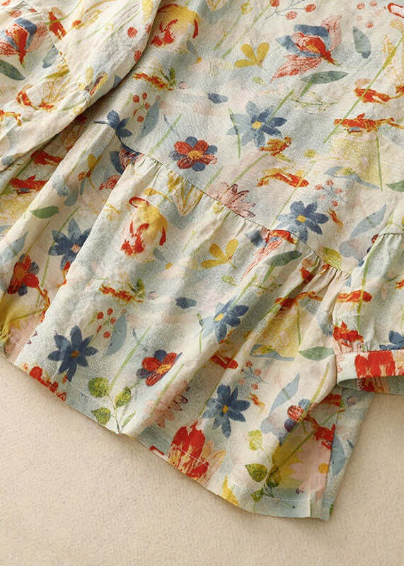 Bloemenblouse - Dameshemd met lange mouwen en losse knoopsluiting van linnen-Boetiek Moda