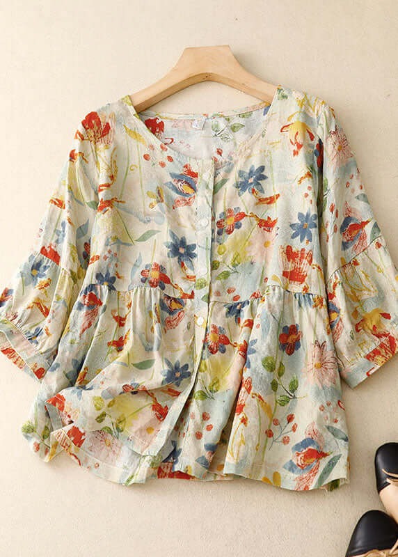 Bloemenblouse - Dameshemd met lange mouwen en losse knoopsluiting van linnen-Boetiek Moda