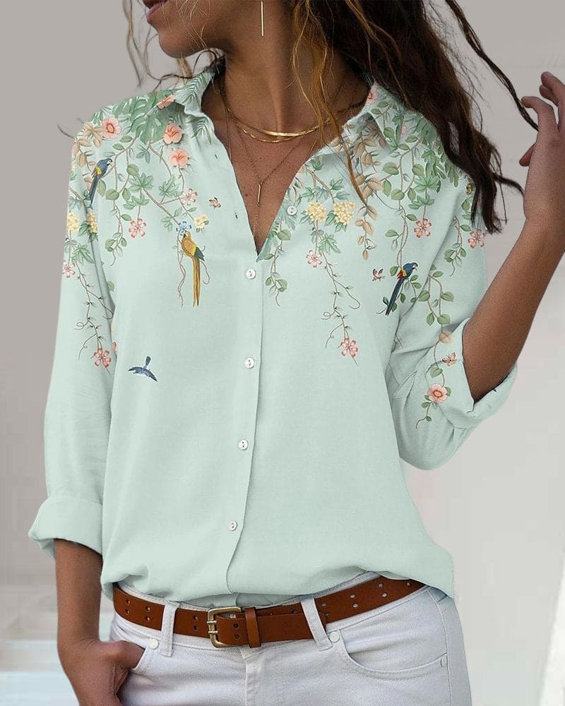 Bloemenblouse - Lange mouwen - Kraag - Knoopsluiting - Damesoverhemd-Boetiek Moda
