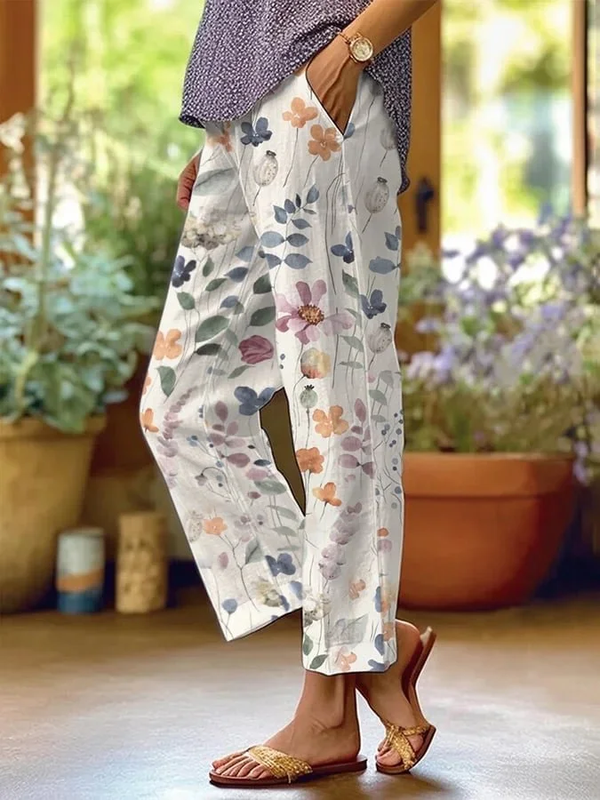 Bloemenbroek | Los model | Linnen | Broek met rechte pijpen | Vrouwenbroek-Boetiek Moda