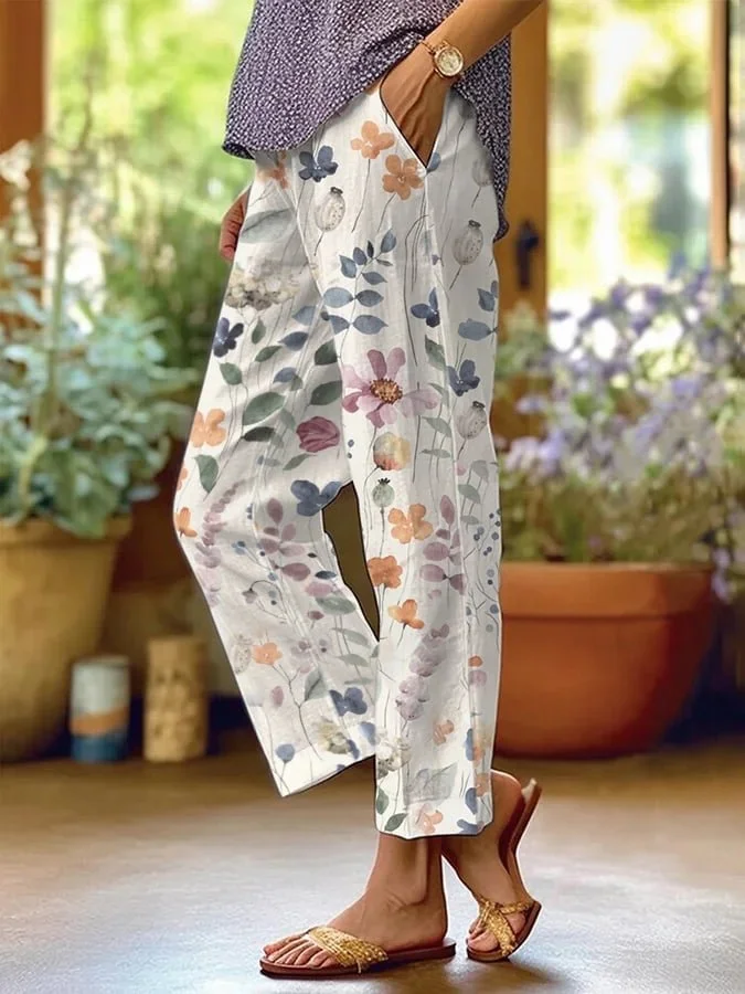 Bloemenbroek | Los model | Linnen | Broek met rechte pijpen | Vrouwenbroek-Boetiek Moda
