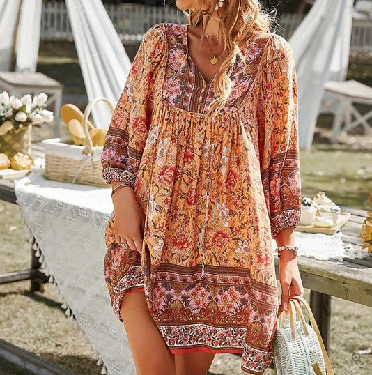Bloemenjurk - Boheemse zomerjurk met lange mouwen voor dames-Boetiek Moda