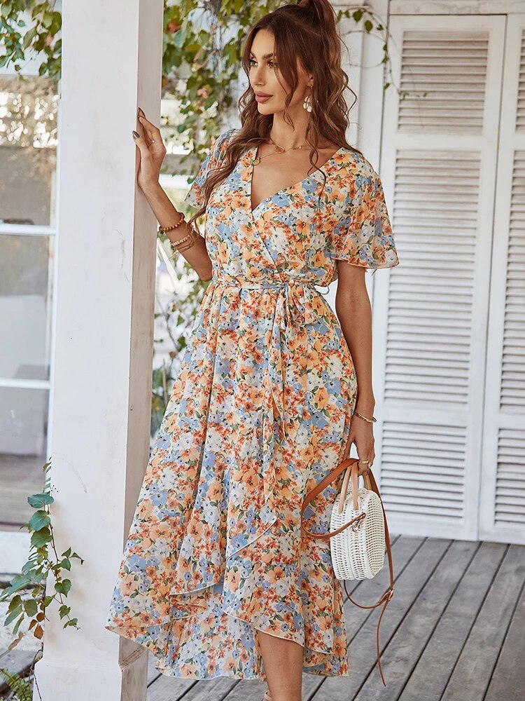 Bloemenjurk | Boho Stijl | Korte Mouw | Zomerjurk | Midi Jurk-Boetiek Moda