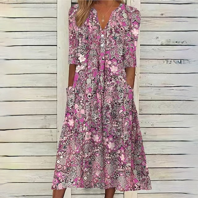 Bloemenjurk | Halve Mouw | Los Model | Jurk Met A-lijn | Zomerjurk-Boetiek Moda