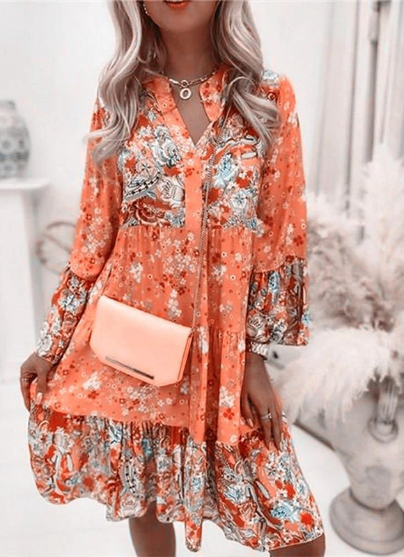 Bloemenjurk | Lange Mouw | A-lijn | Boho Jurk | Zomerjurk-Boetiek Moda