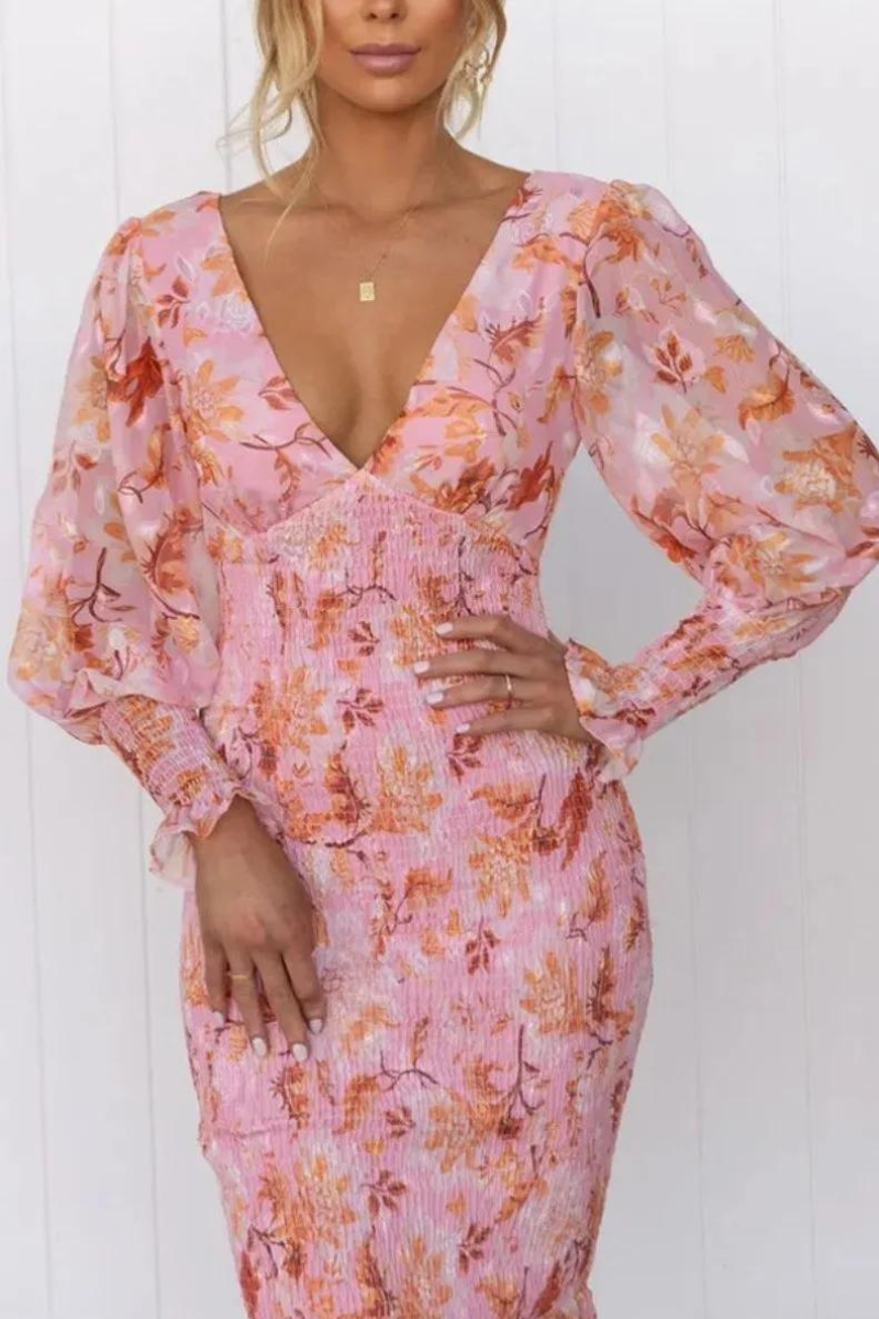 Bloemenjurk - Lange Mouw - V-Hals - Elegante Jurk - Midi Jurk-Boetiek Moda