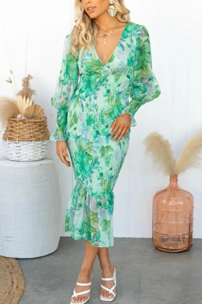 Bloemenjurk - Lange Mouw - V-Hals - Elegante Jurk - Midi Jurk-Boetiek Moda